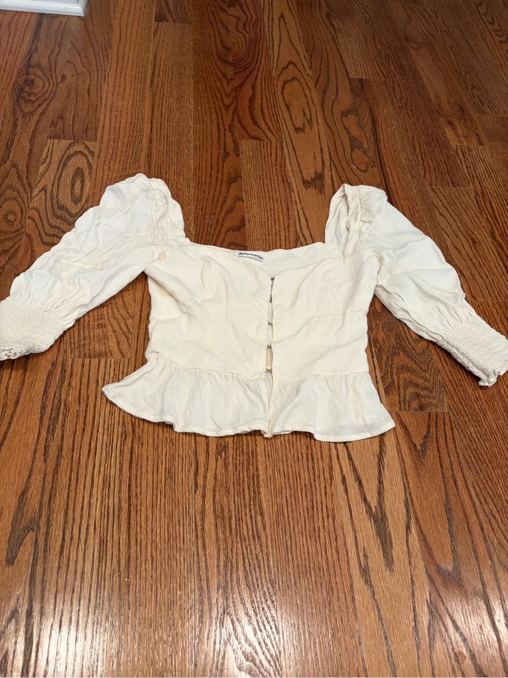 Reformation Cream Puff-Sleeve Peplum Button-Front Top